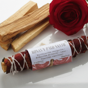 Atado artesanal de palo santo recubierto con rosas rojas, sahumo e incienso para el amor y la armonia.
