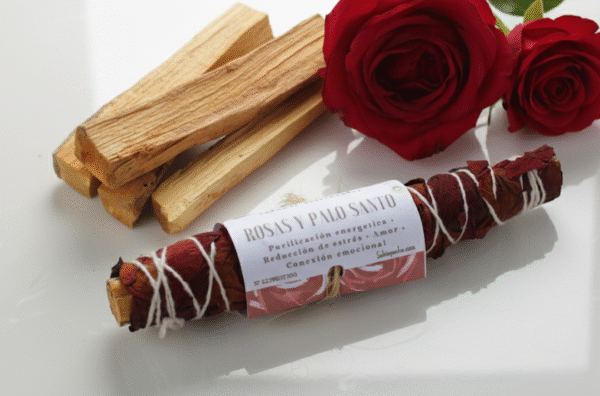 Atado artesanal de palo santo recubierto con rosas rojas, sahumo e incienso para el amor y la armonia.