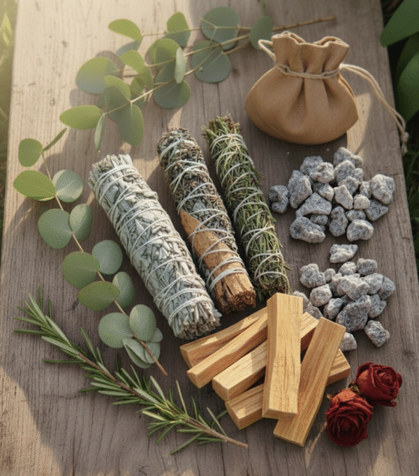 combo de inciensos y sahumerios, te incluye palo santo, copal, 3 atados de diferentes plantas.